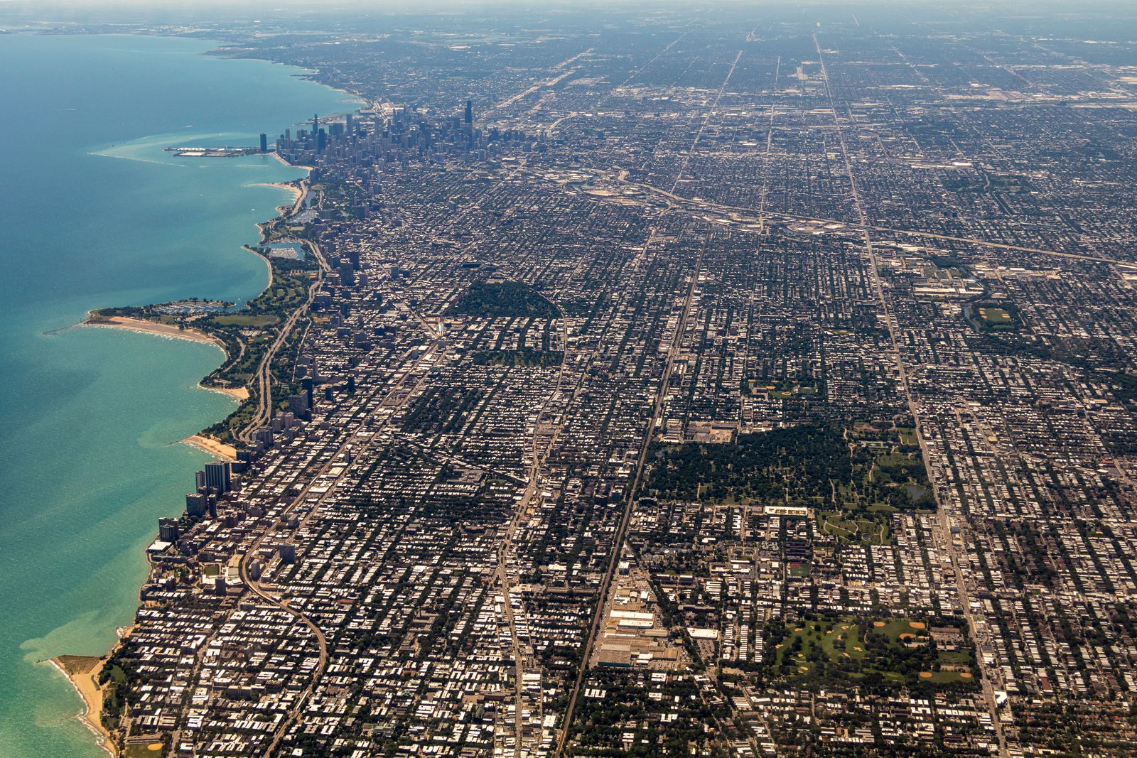 Aerial view of Chicago showing the River North studio location
